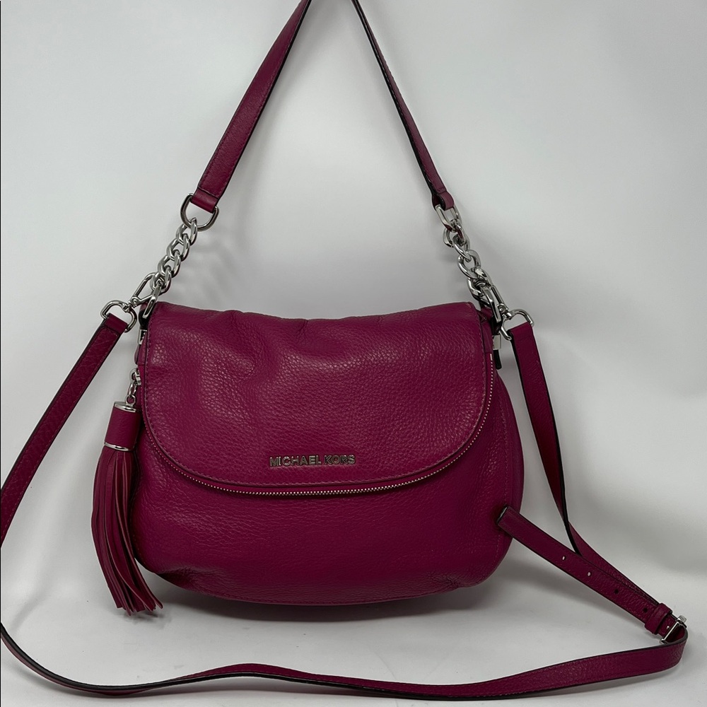 MICHAEL KORS BEDFORD PEBBLED LEATHER FLAP OVER SHOULDER BAG FUSCHIA CROSSBODY